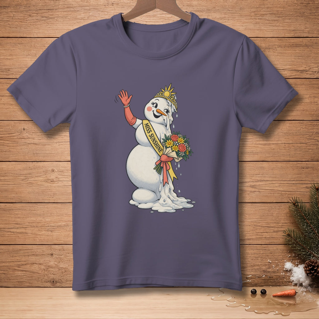 Melting snowman wearing crown and sash that says "MISS SUNSHINE," holding flowers.