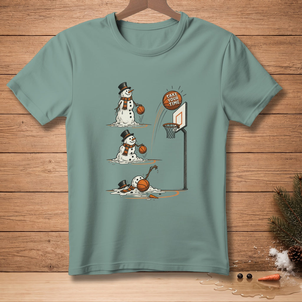 Three melting snowmen play basketball, with text "Take Your Time."
