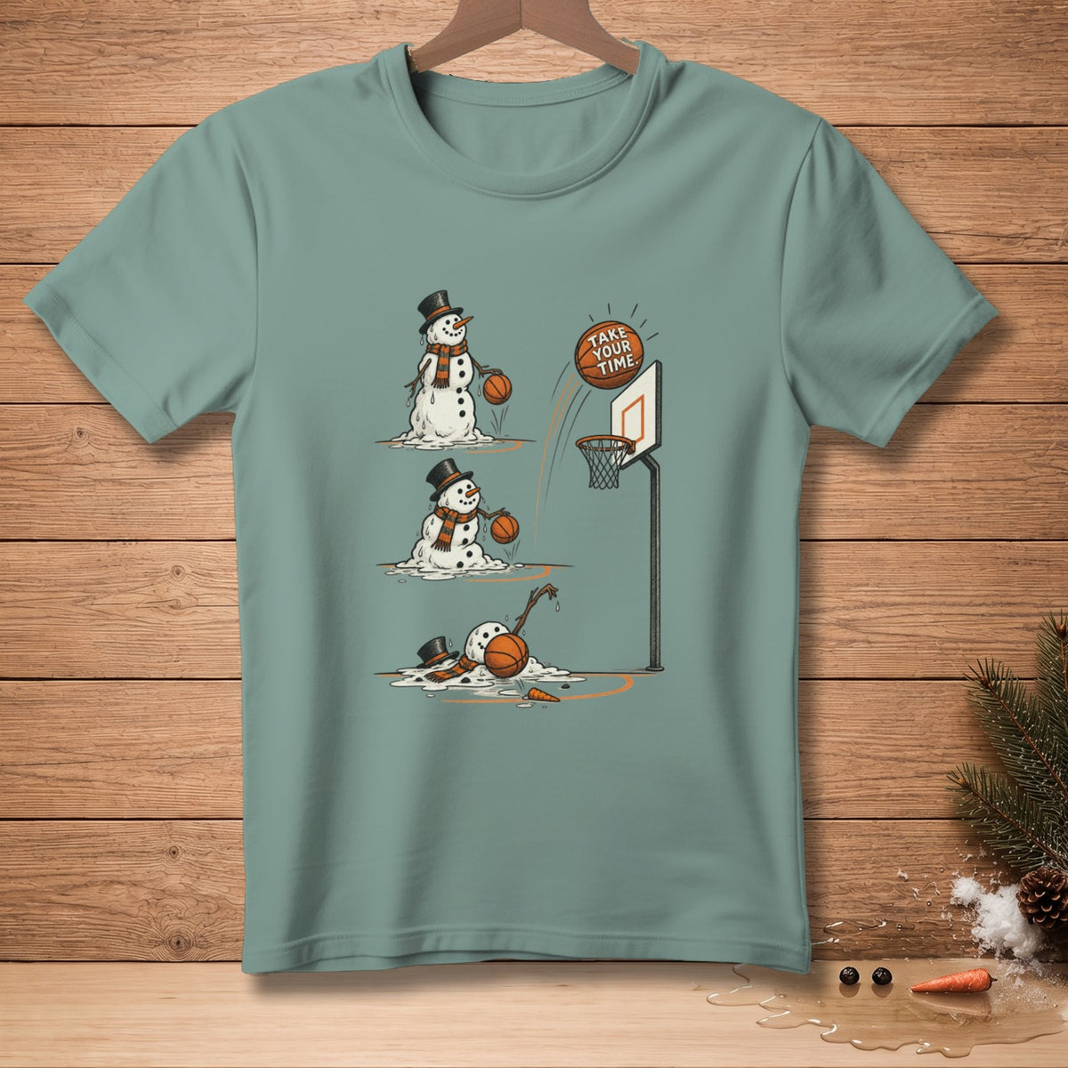Three melting snowmen play basketball, with text "Take Your Time."