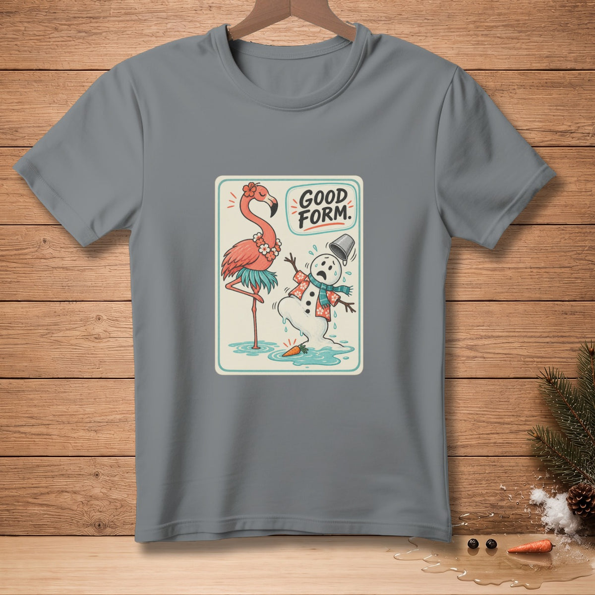 T-shirt graphic of melting snowman with bucket on head and flamingo, text "GOOD FORM."