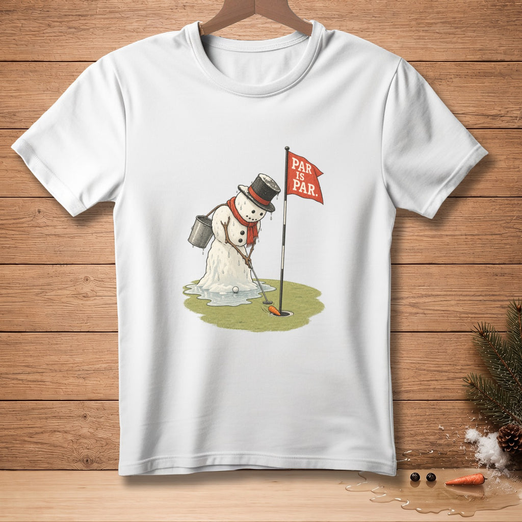Melting snowman playing golf with "PAR IS PAR" flag.