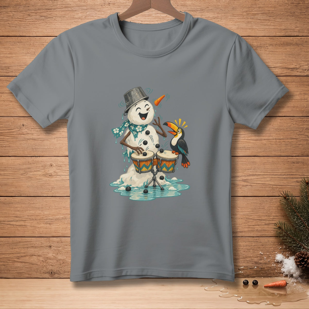 Snowman playing bongos with a toucan on a gray t-shirt.