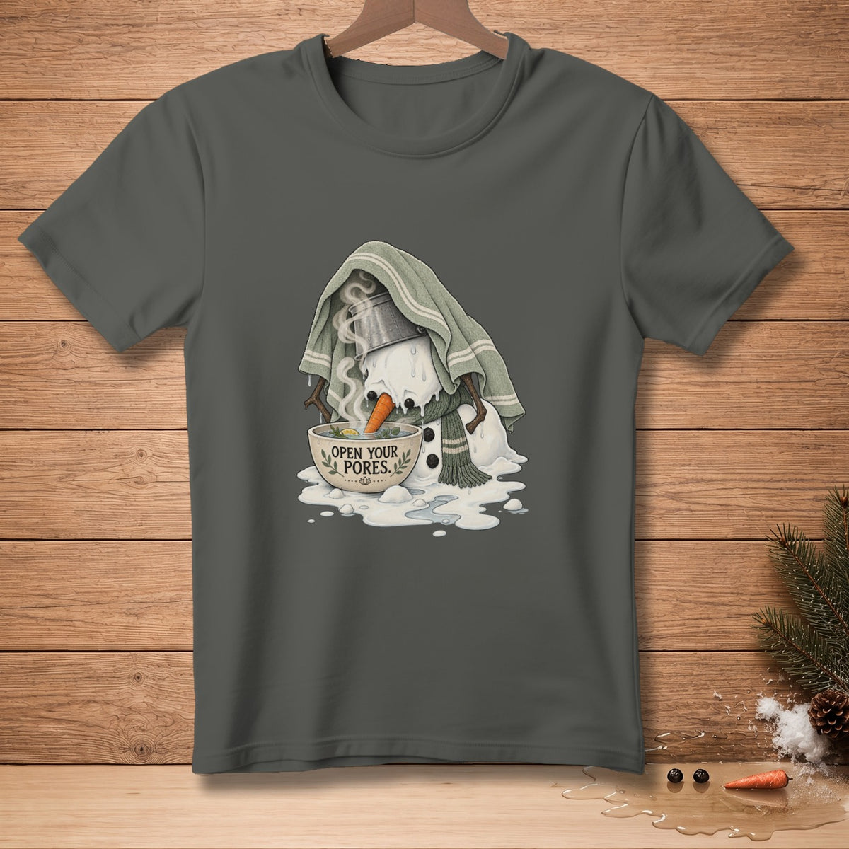 Snowman with a bucket on its head, steaming over a bowl that says "OPEN YOUR PORES."