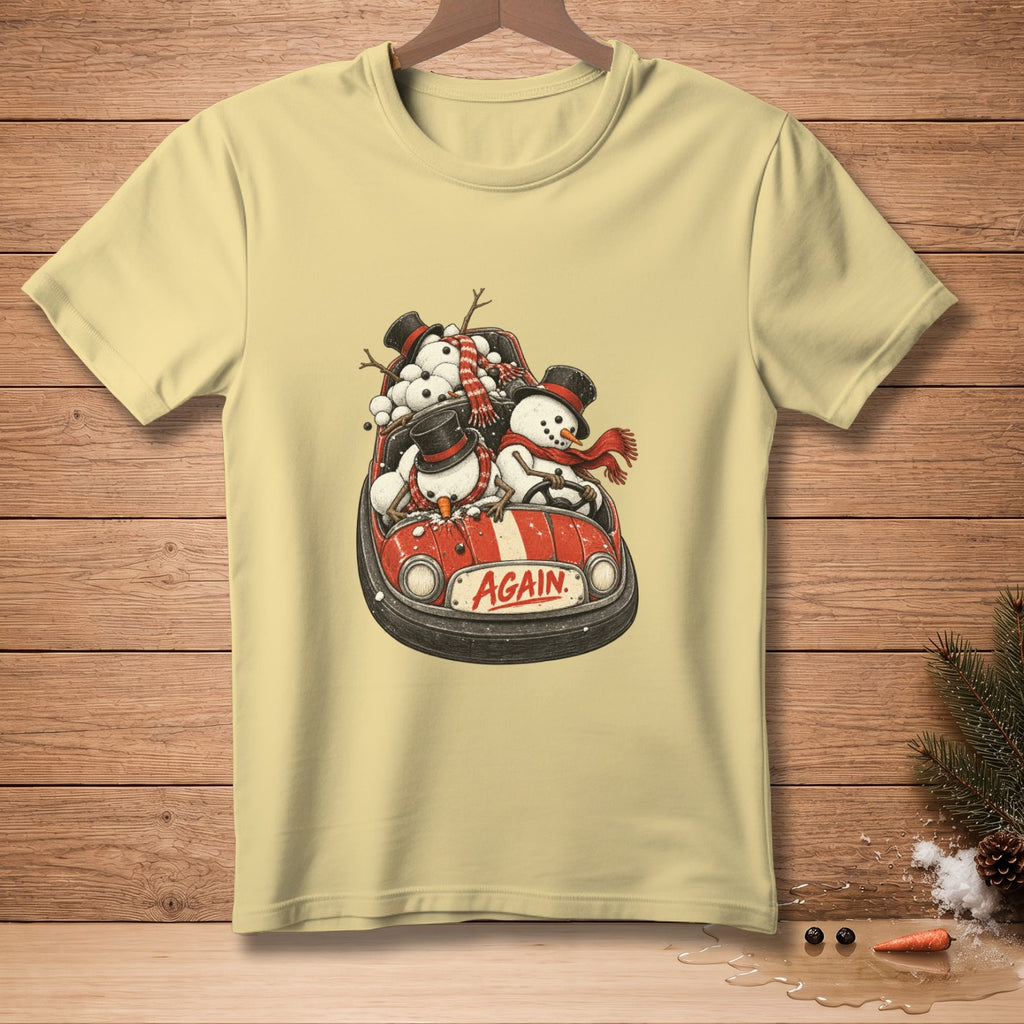 Yellow t-shirt with snowmen packed in a bumper car with the word "AGAIN".