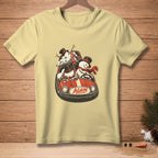 Yellow t-shirt with snowmen packed in a bumper car with the word "AGAIN".