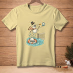 Pale yellow t-shirt with cartoon snowman playing volleyball in water.