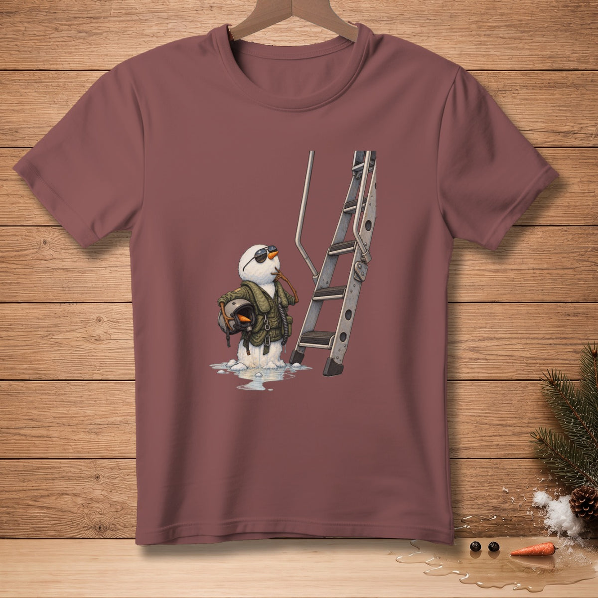 Snowman in aviator gear and helmet stands by a ladder, melting.