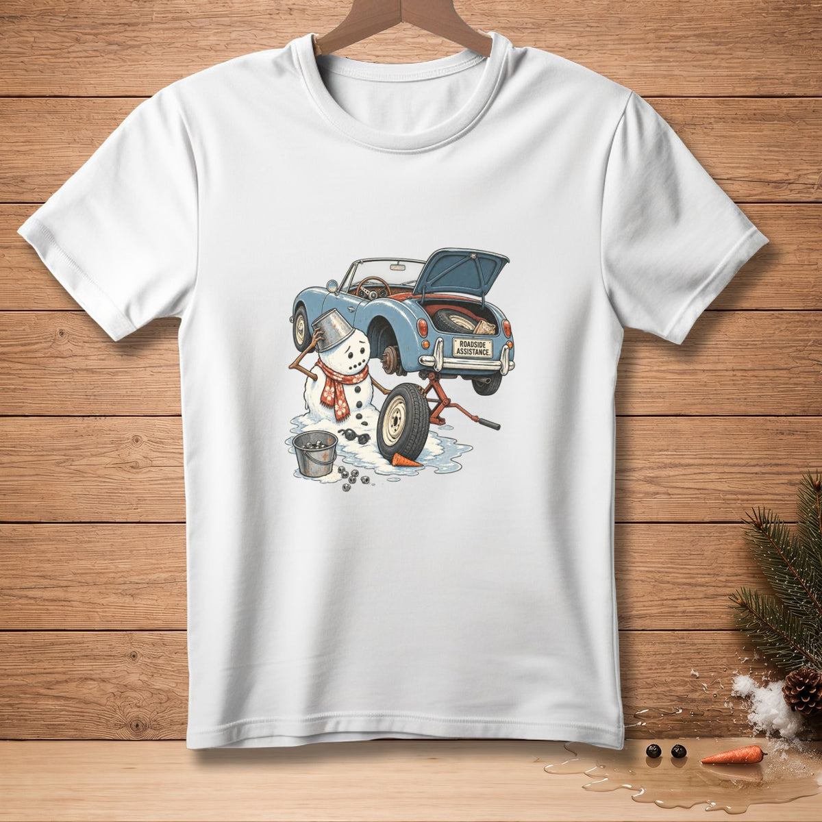 Snowman changing tire on blue car with "Roadside Assistance" license plate.