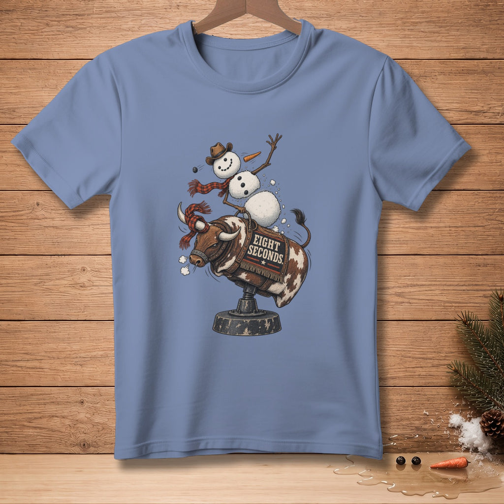 Snowman riding bucking bull with "EIGHT SECONDS" text.