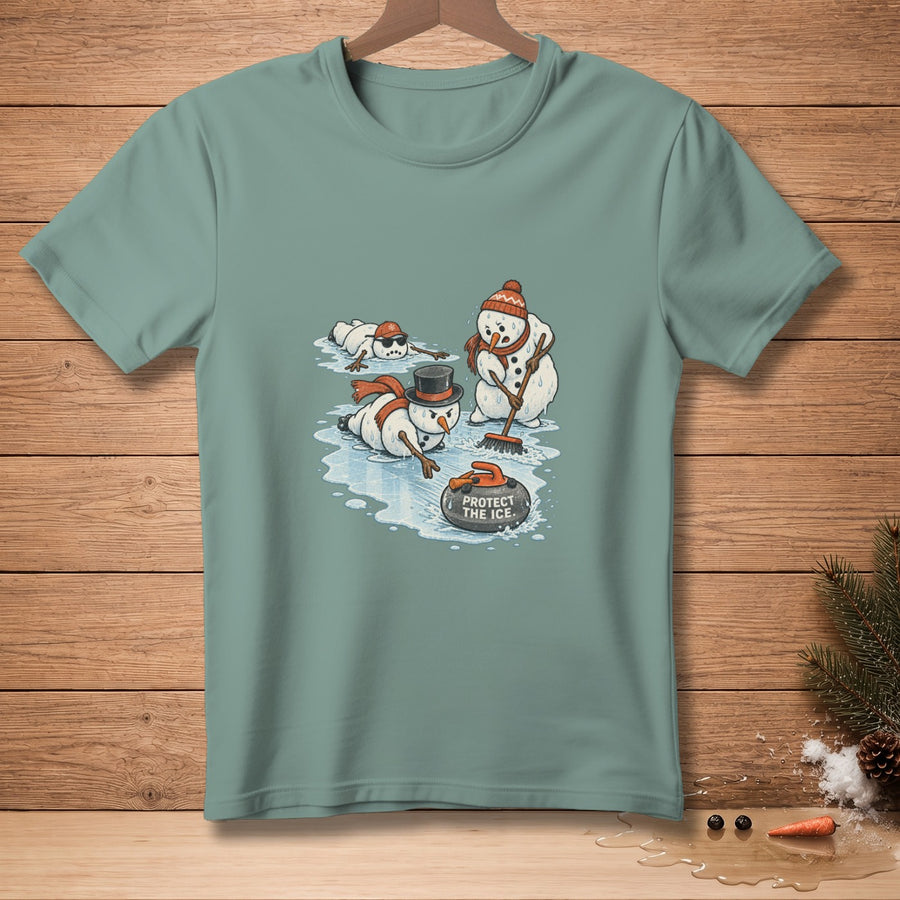 Snowmen play curling with a stone that reads "Protect the Ice."