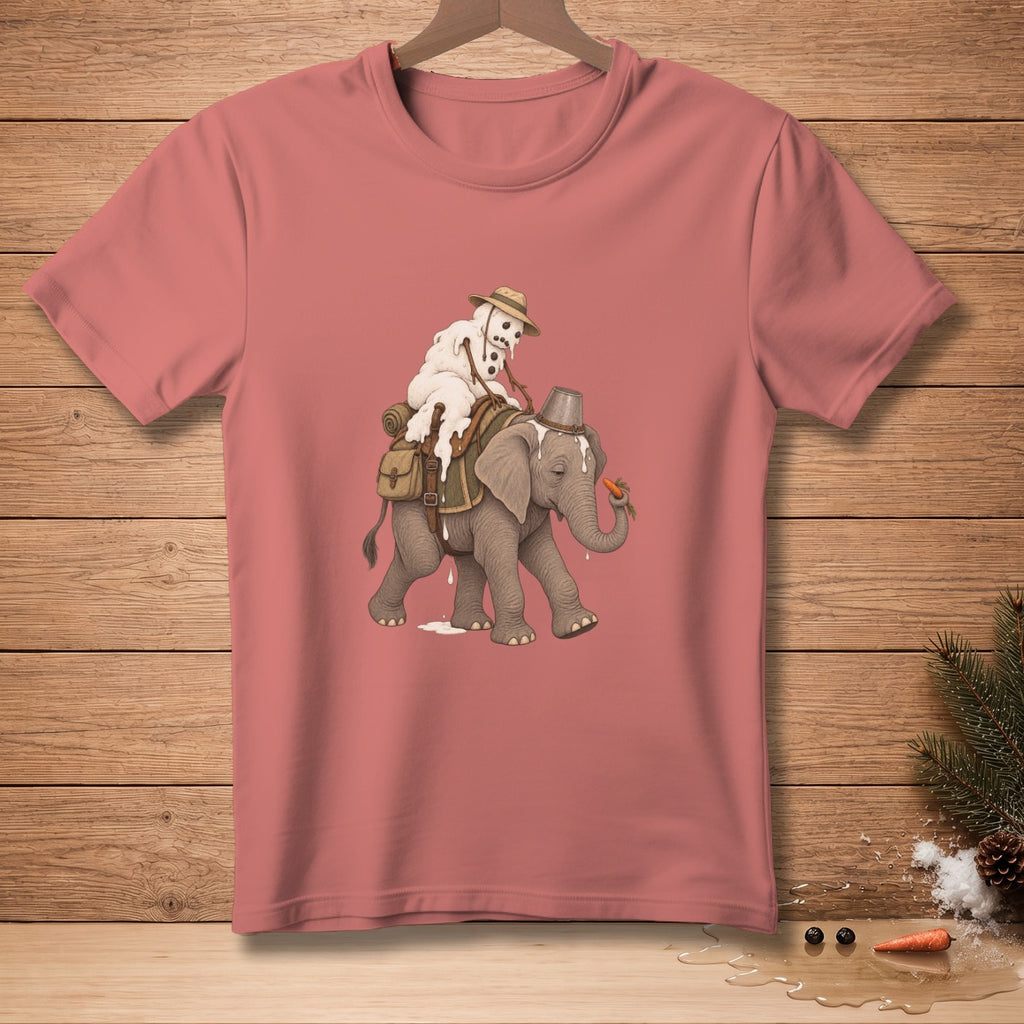 Illustration of a melting snowman wearing a hat riding an elephant with a carrot.