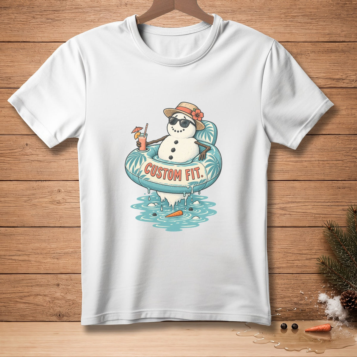 Snowman in inner tube with sunglasses and drink, text "CUSTOM FIT."