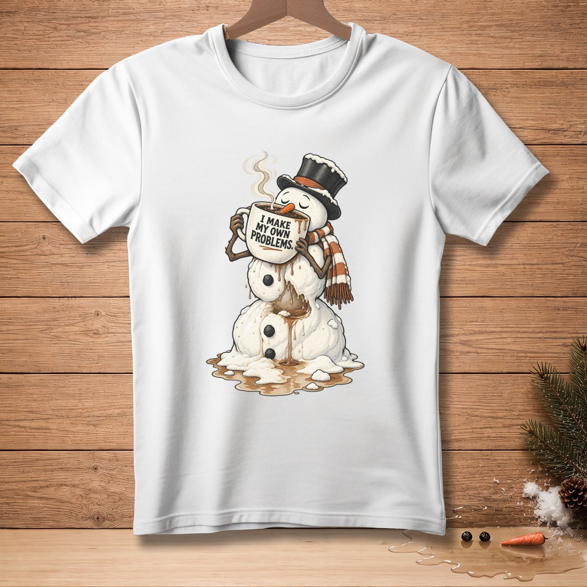 White t-shirt with a melting snowman drinking coffee and the text "I Make My Own Problems".