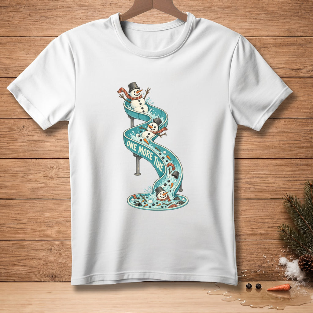 White t-shirt with cartoon snowmen sliding down a water slide with text "ONE MORE TIME".