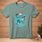 Three snowmen snorkel in blue water with orange flippers and small fish.