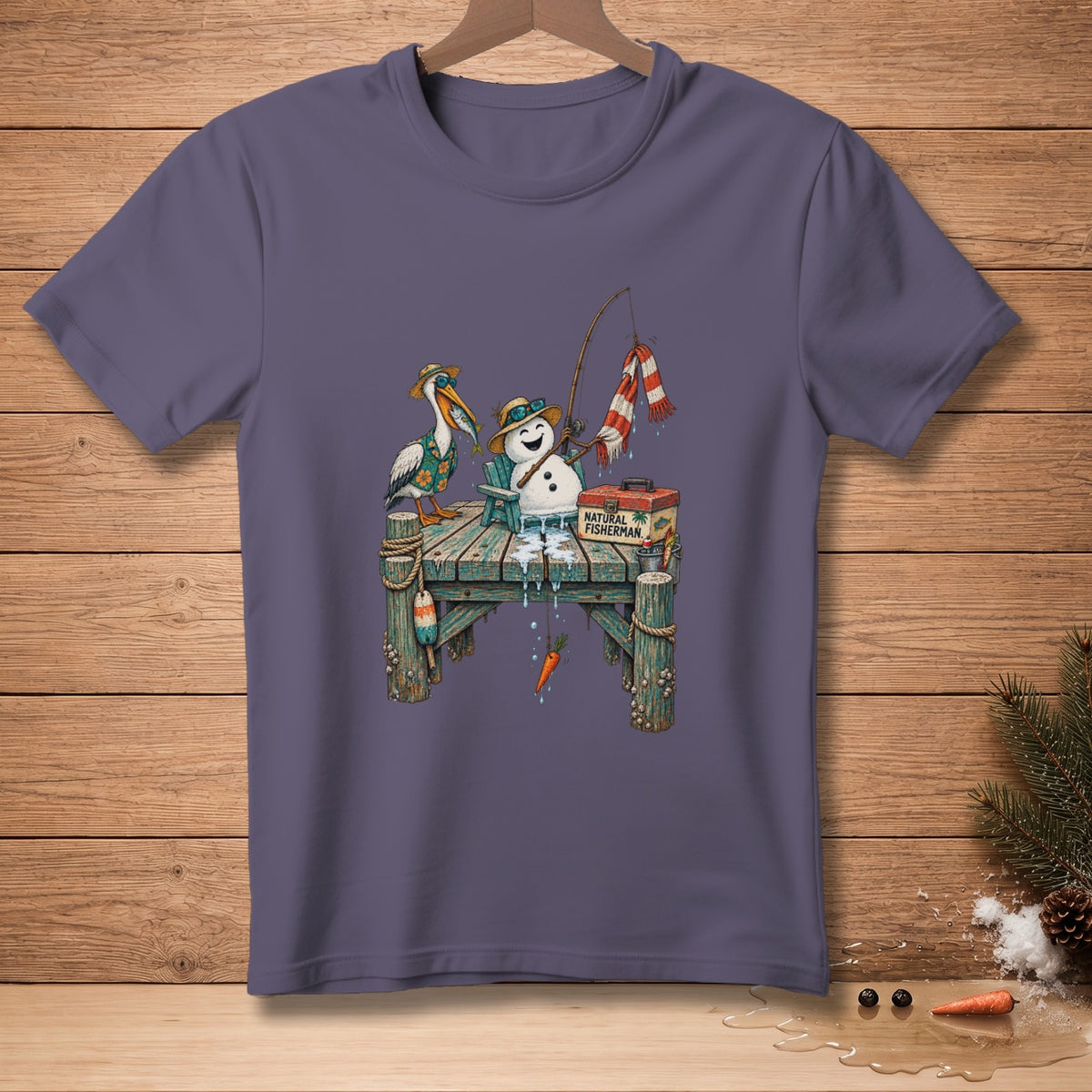Snowman and pelican fishing on a dock, "NATURAL FISHERMAN" text.