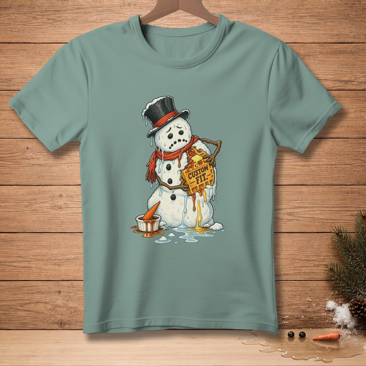 Melting snowman in top hat and scarf holding waffle with "Custom Fit" text.