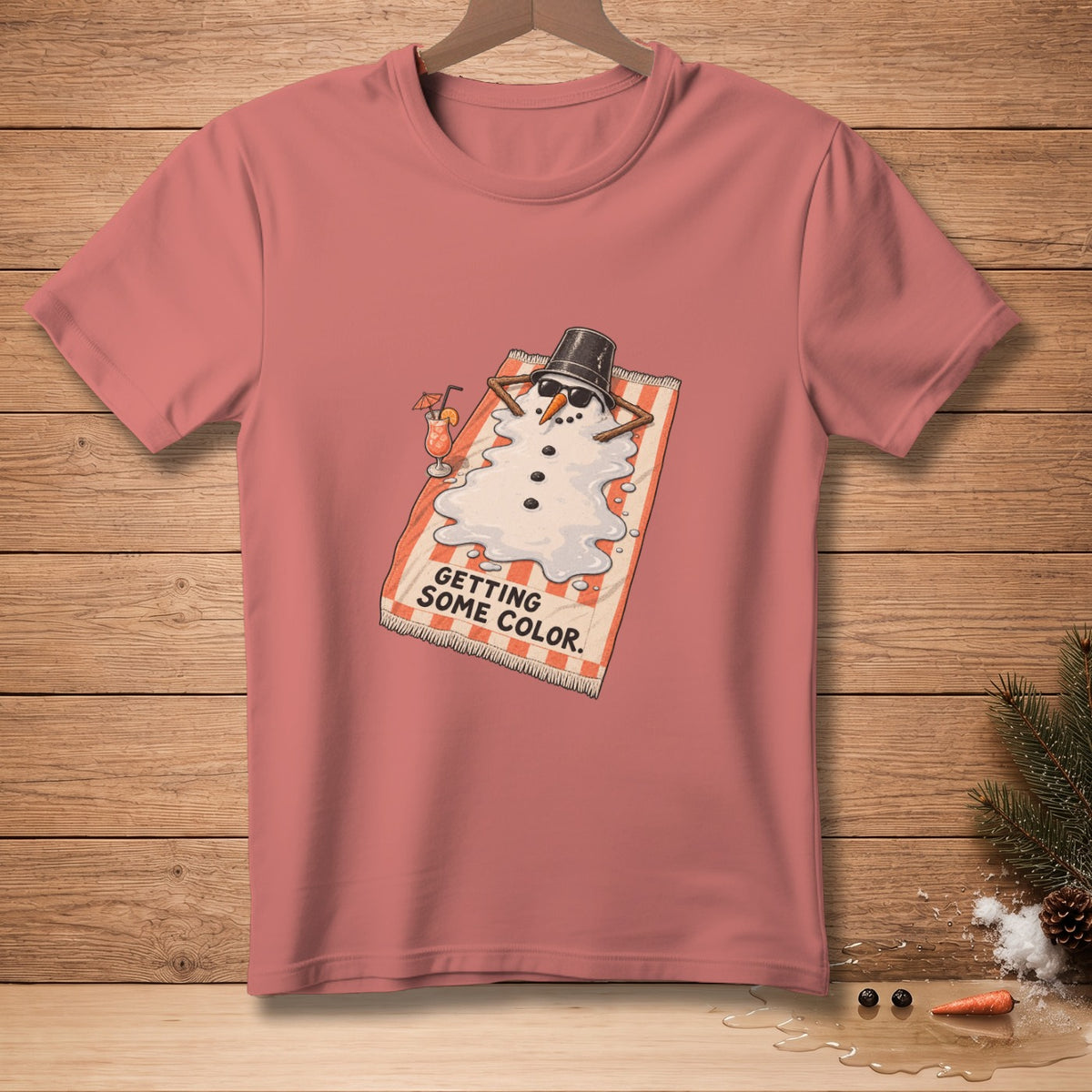 T-shirt with melting snowman graphic that reads "GETTING SOME COLOR."