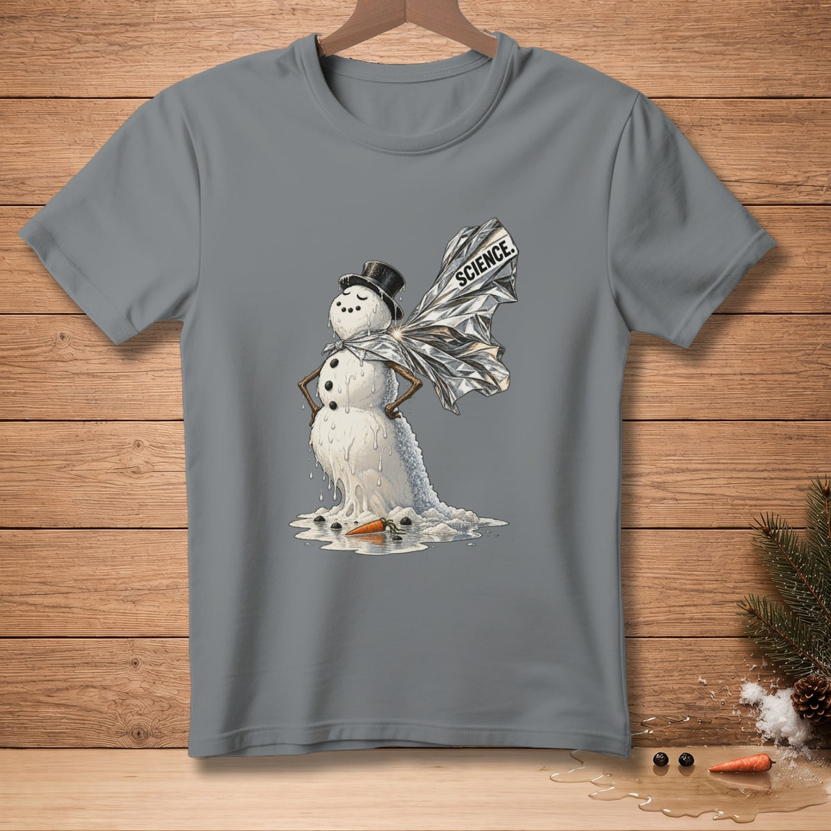 Melting snowman with top hat and cape labeled "SCIENCE".