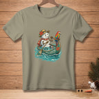 Snowman in a canoe with a parrot, text reads "STILL FLOATING".