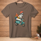 Snowman on a scooter with a parrot and the text "SAFETY FIRST."