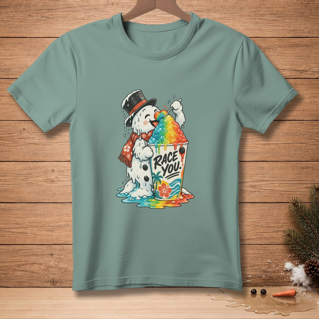 Snowman in a hat and scarf holding a rainbow shaved ice with "Race You." text.