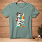 Snowman in a hat and scarf holding a rainbow shaved ice with "Race You." text.