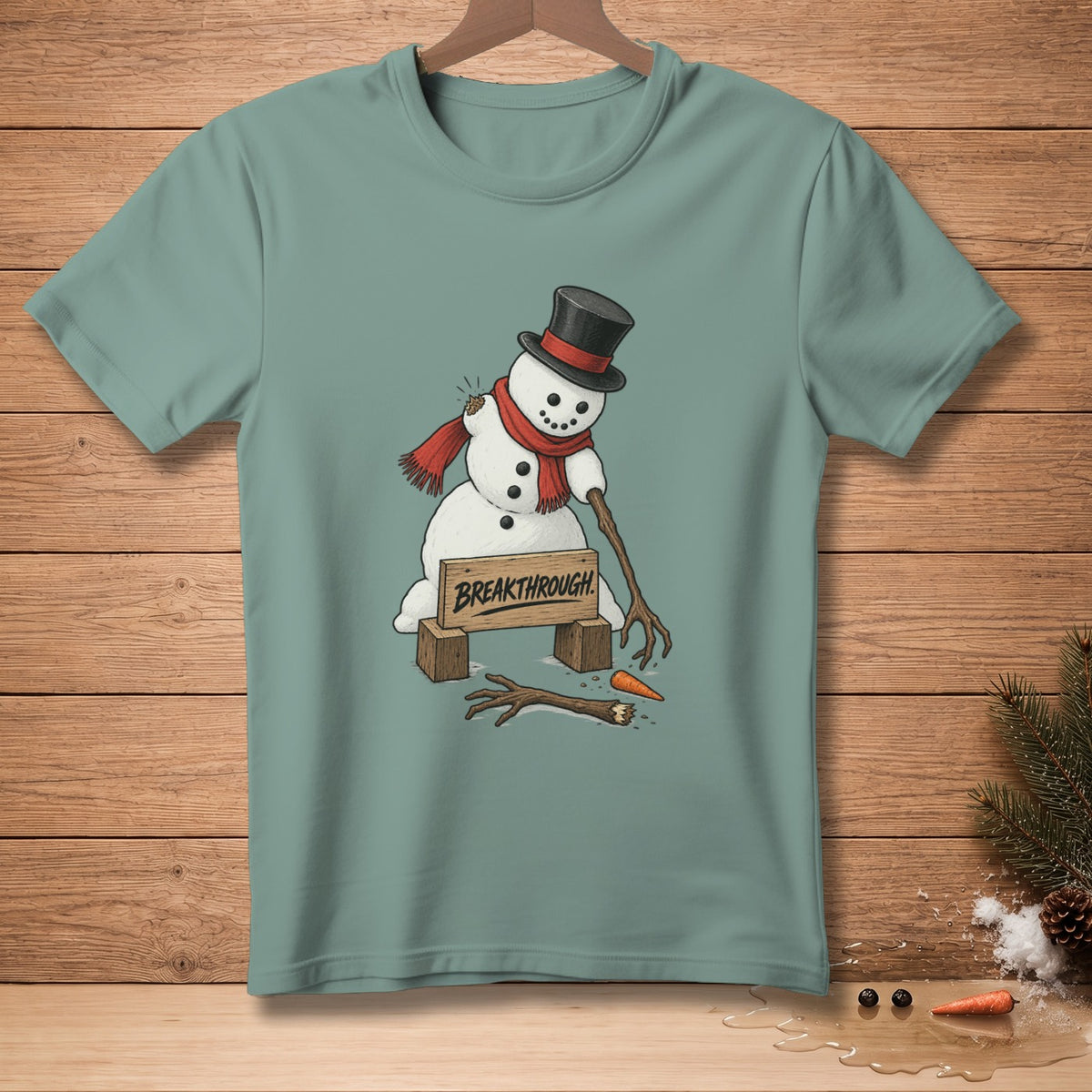 Snowman wearing a top hat and scarf breaks through a sign that says BREAKTHROUGH.