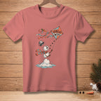 Pink t-shirt with melting snowman flying a kite that says "Great Wind".