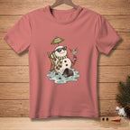 Snowman in sunglasses with martini and umbrella on a beach chair, text "Found Shade".