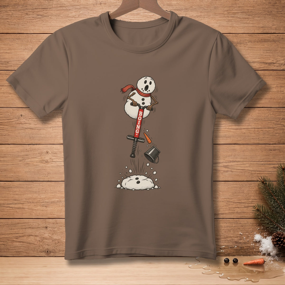 Snowman on a pogo stick with "BOING" text, a falling carrot, and bucket.