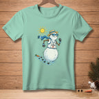 Snowman wearing sunglasses and running with "NO RUNNING" on shirt.