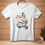 Snowman riding a scooter with "Island Time" text and a palm tree.