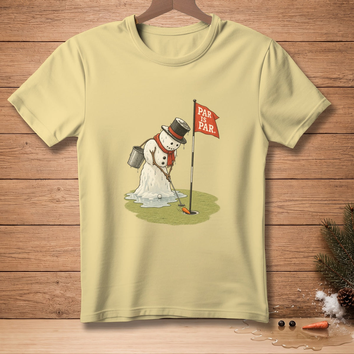 T-shirt with melting snowman golfer, red flag reads "PAR IS PAR."