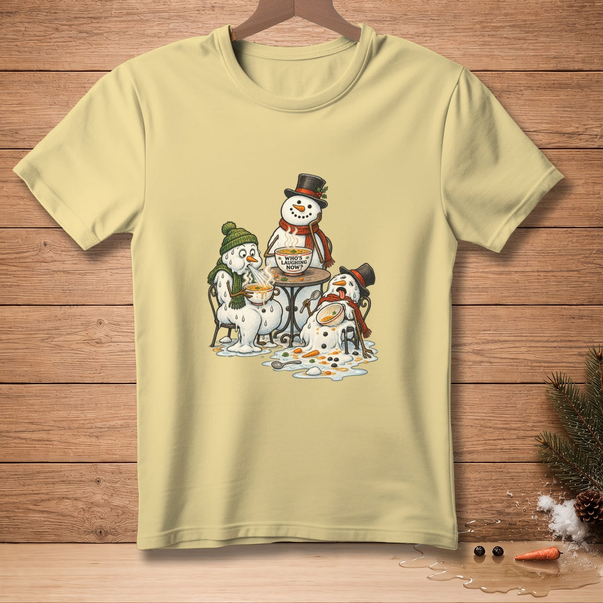 Three melting snowmen sit at a table eating soup; one has text on its bowl.