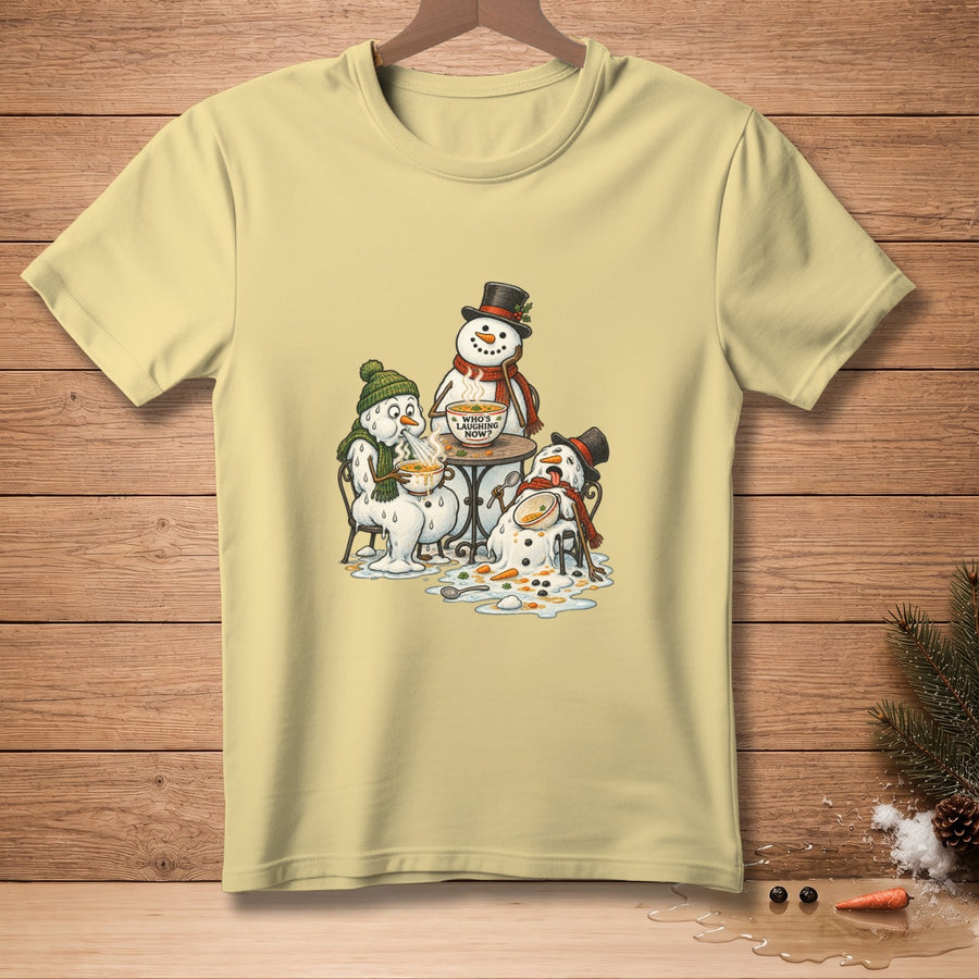 Three melting snowmen sit at a table eating soup; one has text on its bowl.