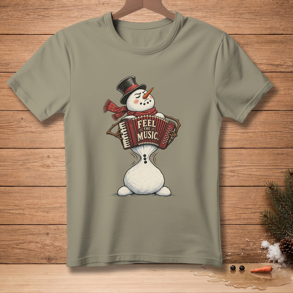 Snowman wearing a hat and scarf plays accordion with "Feel the Music" text.