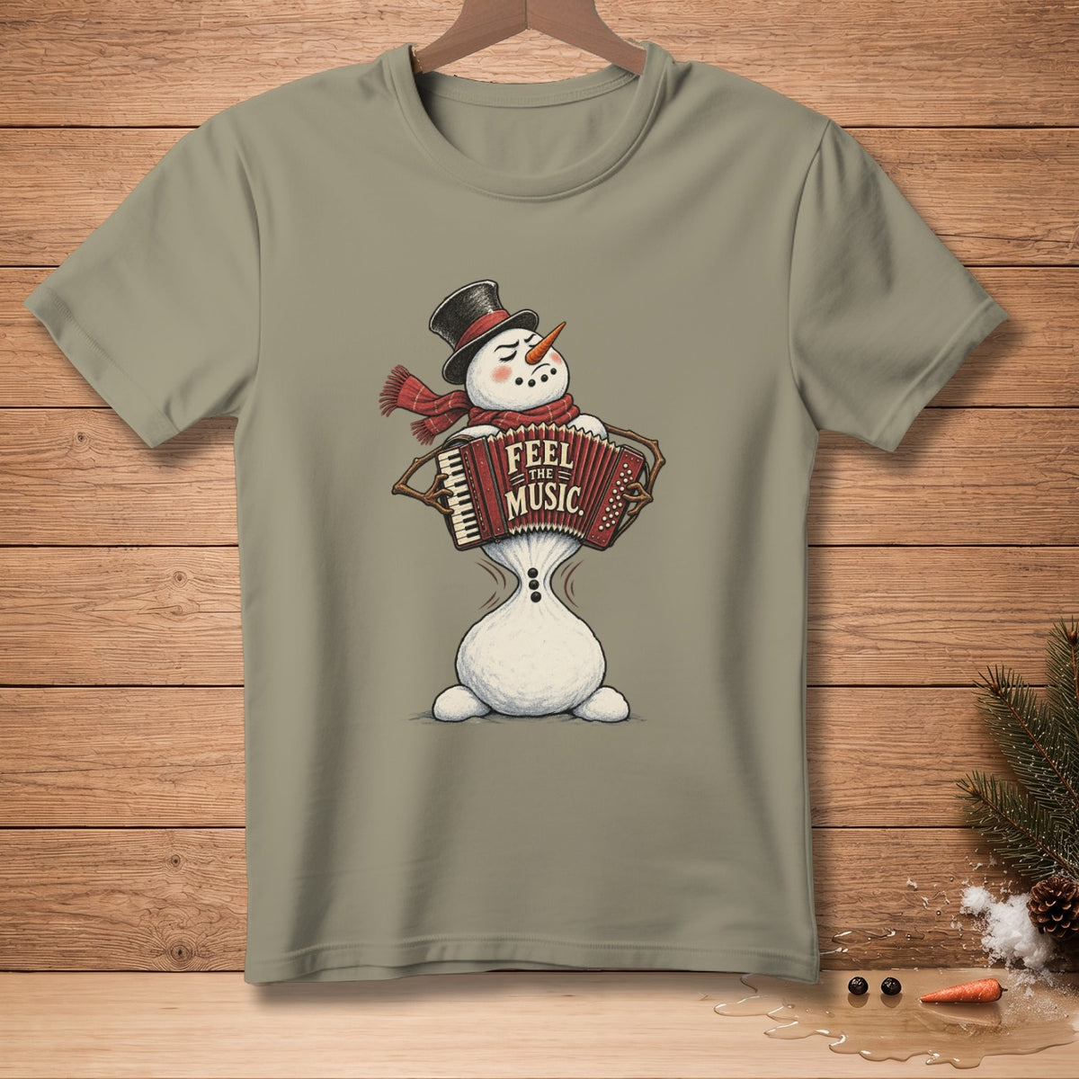 Snowman wearing a hat and scarf plays accordion with "Feel the Music" text.