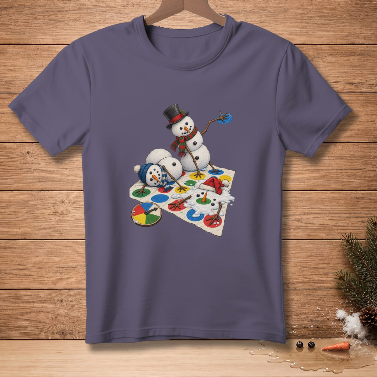 Snowmen playing Twister on a purple t-shirt.