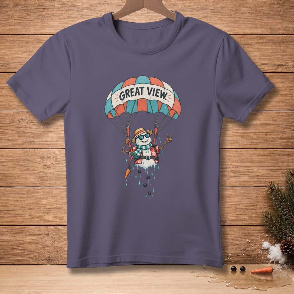 Snowman paragliding under a parachute with "GREAT VIEW" text.