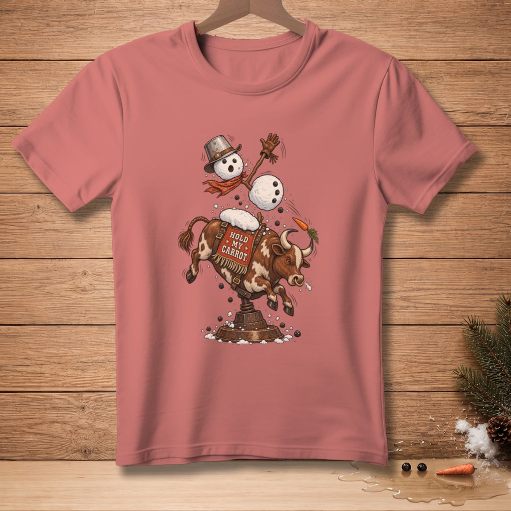 Snowman riding a bull with text "Hold My Carrot" on shirt.