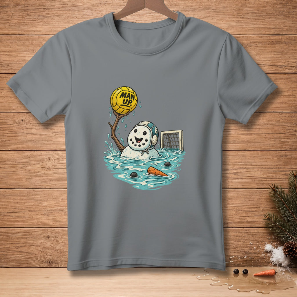 Cartoon snowman playing water polo with "Man Up" text on ball.