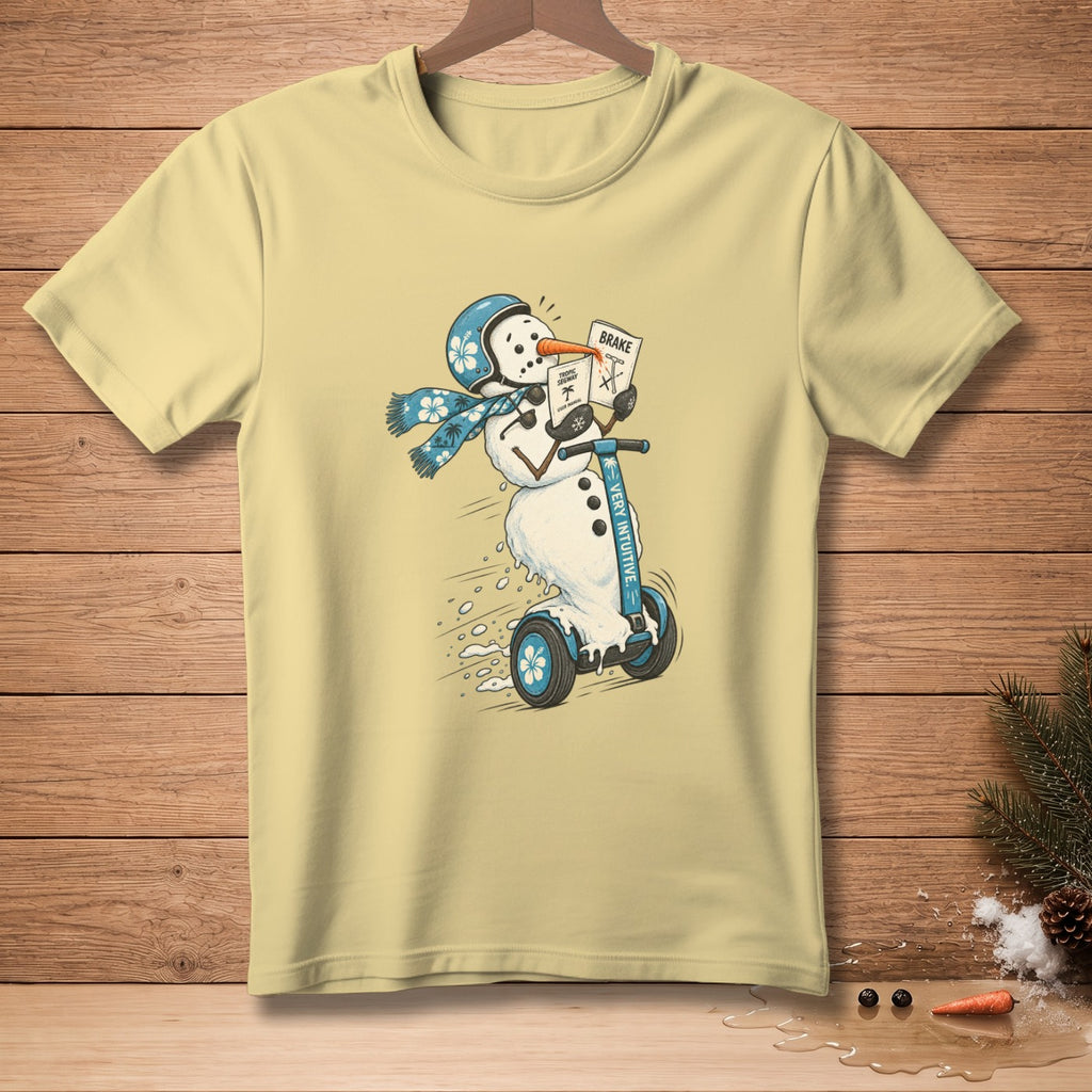 Snowman wearing helmet and scarf riding a Segway, holding brake instructions.