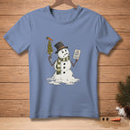 Melting snowman with olives, carrot, and "Two Olive Limit" sign.