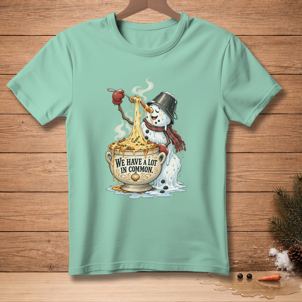 Snowman eating spaghetti with text "We Have A Lot In Common."