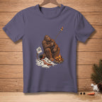 Bigfoot roasting a marshmallow over a campfire with a "I like it crispy" sign.