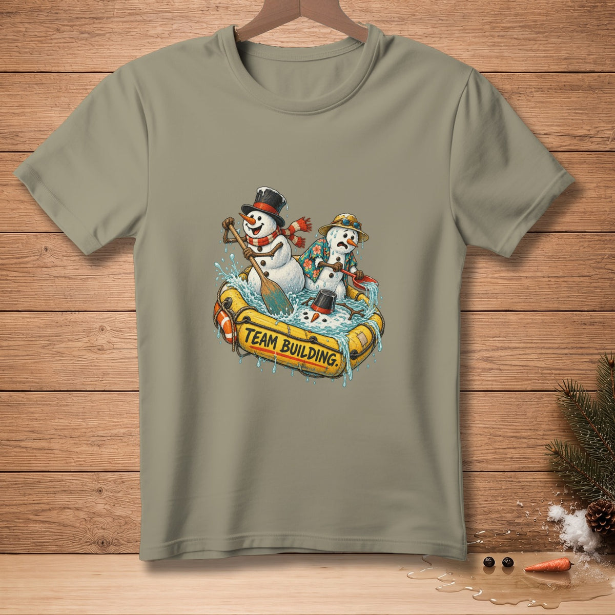 Snowmen in a raft with "TEAM BUILDING" text, paddling through water.