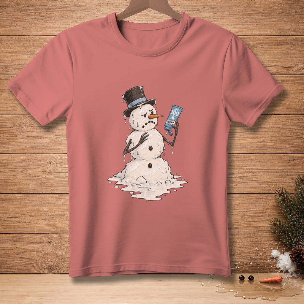 Melting snowman with top hat holding SPF 100 sunscreen bottle.