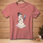 Melting snowman with top hat holding SPF 100 sunscreen bottle.