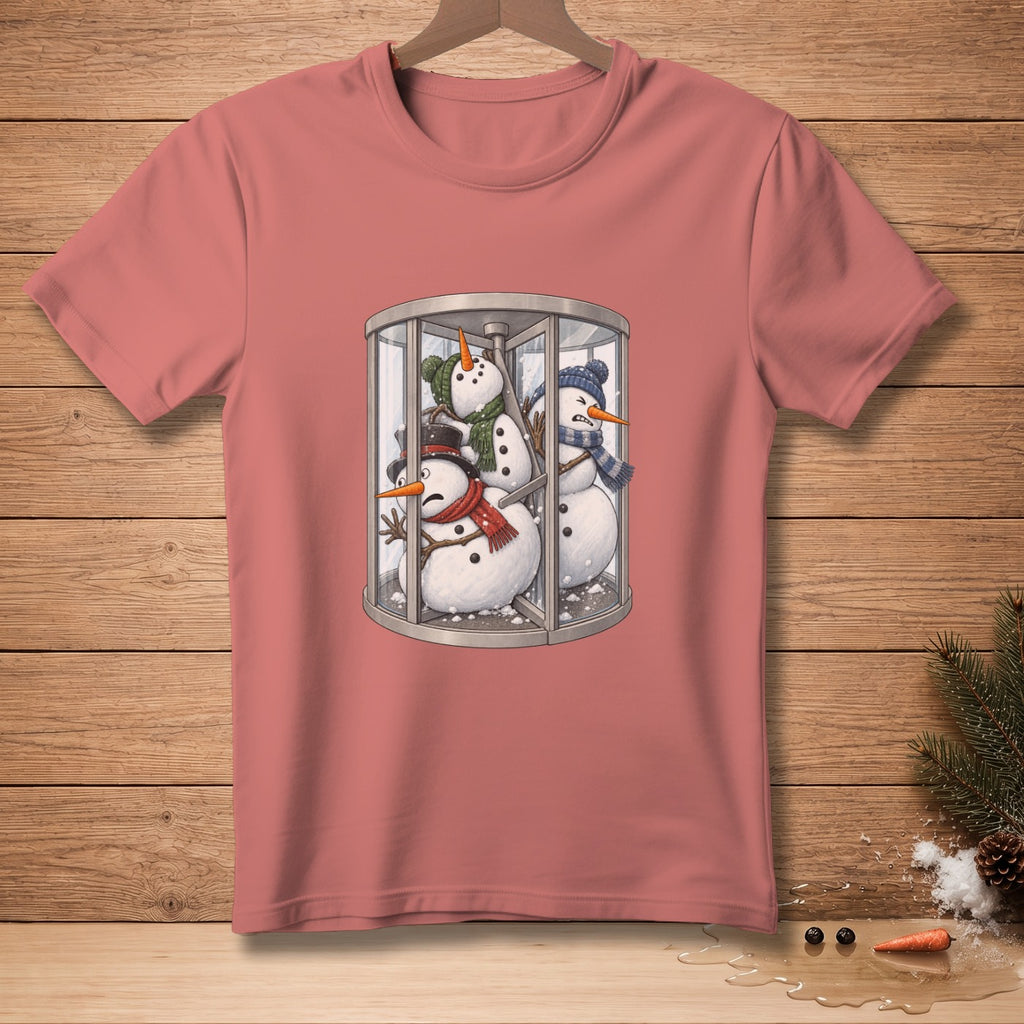 Three snowmen with hats and scarves are crammed inside a revolving door.